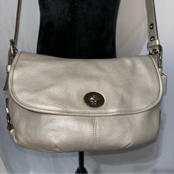 COACH Legacy Duffle Bag, Pebbled Leather, Turn-lock flap front, Silver Metallic - Picture 1 of 10
